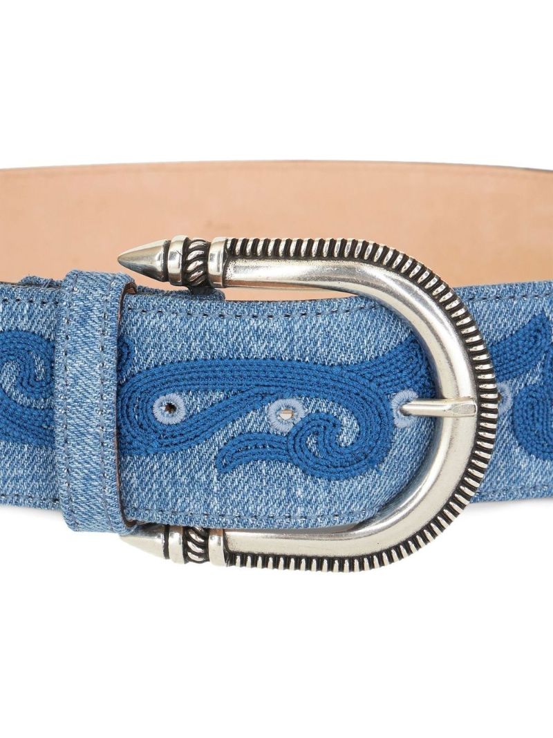 Blue Floral Embroidered Denim Belt