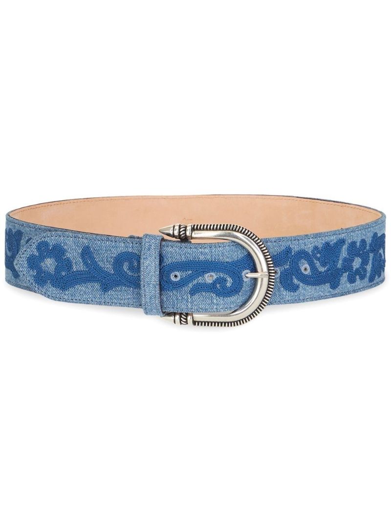 Blue Floral Embroidered Denim Belt
