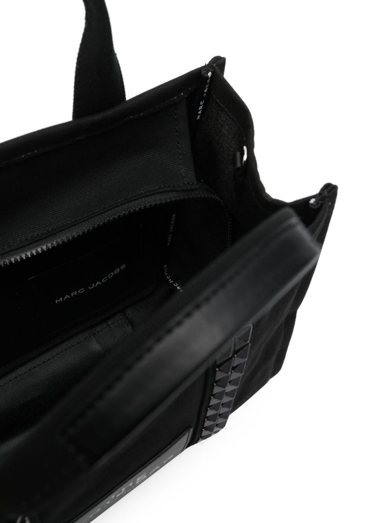 Black Studded Logo Print Canvas Tote Bag