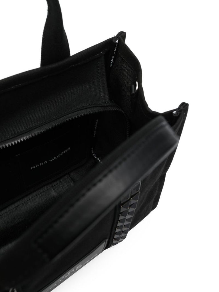 Black Studded Logo Print Canvas Tote Bag
