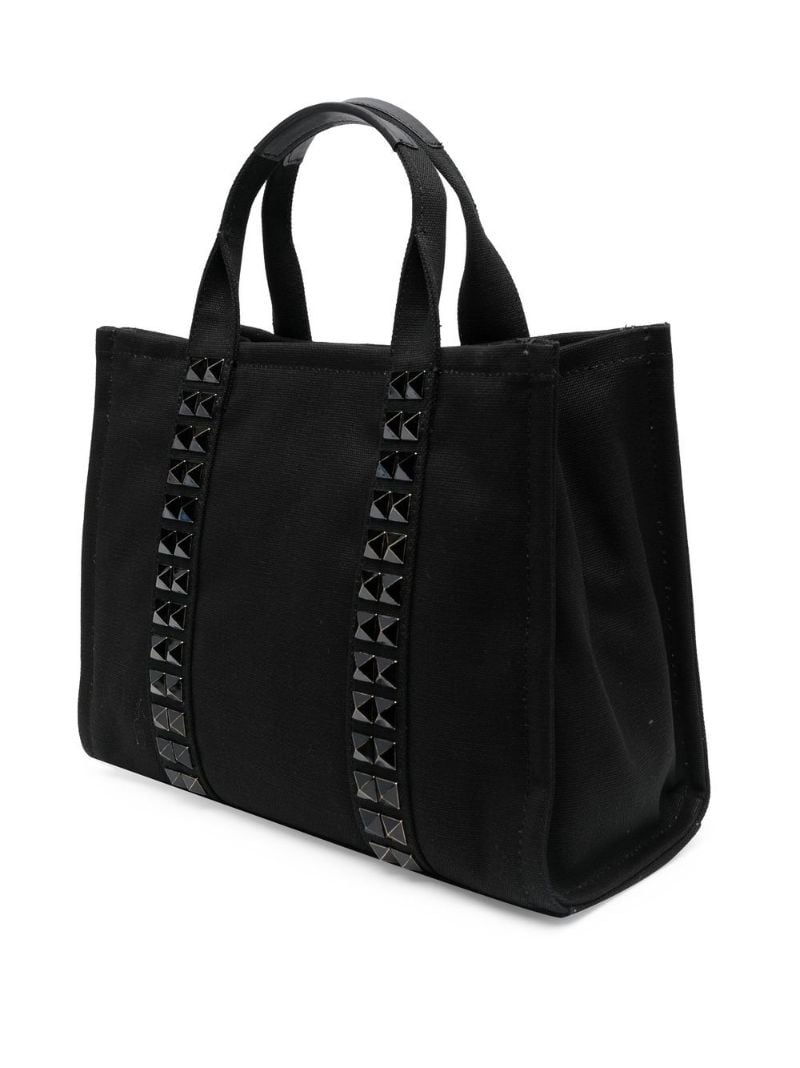 Black Studded Logo Print Canvas Tote Bag