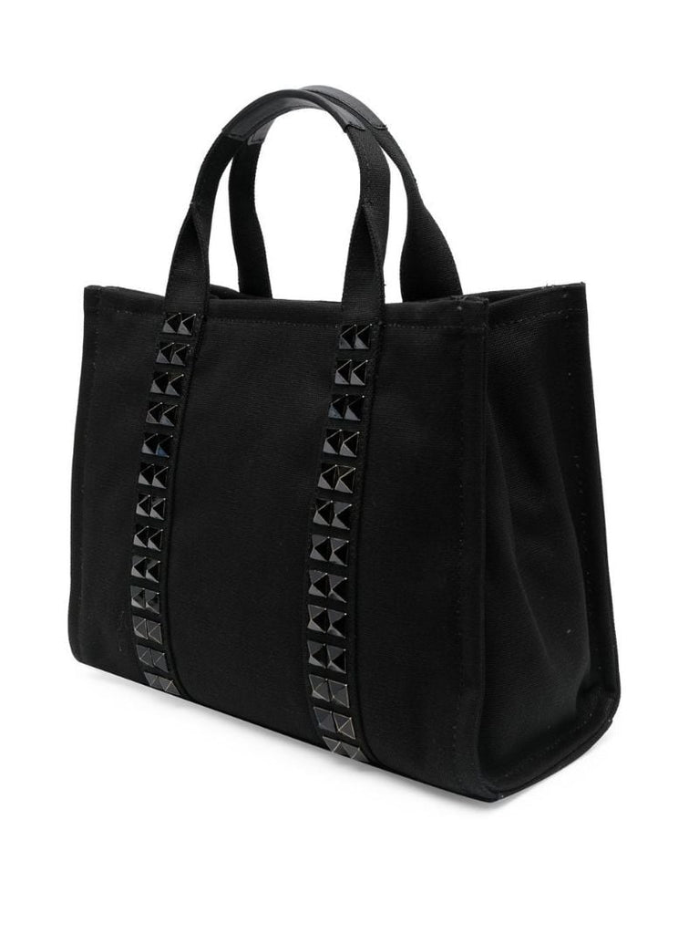 Black Studded Logo Print Canvas Tote Bag