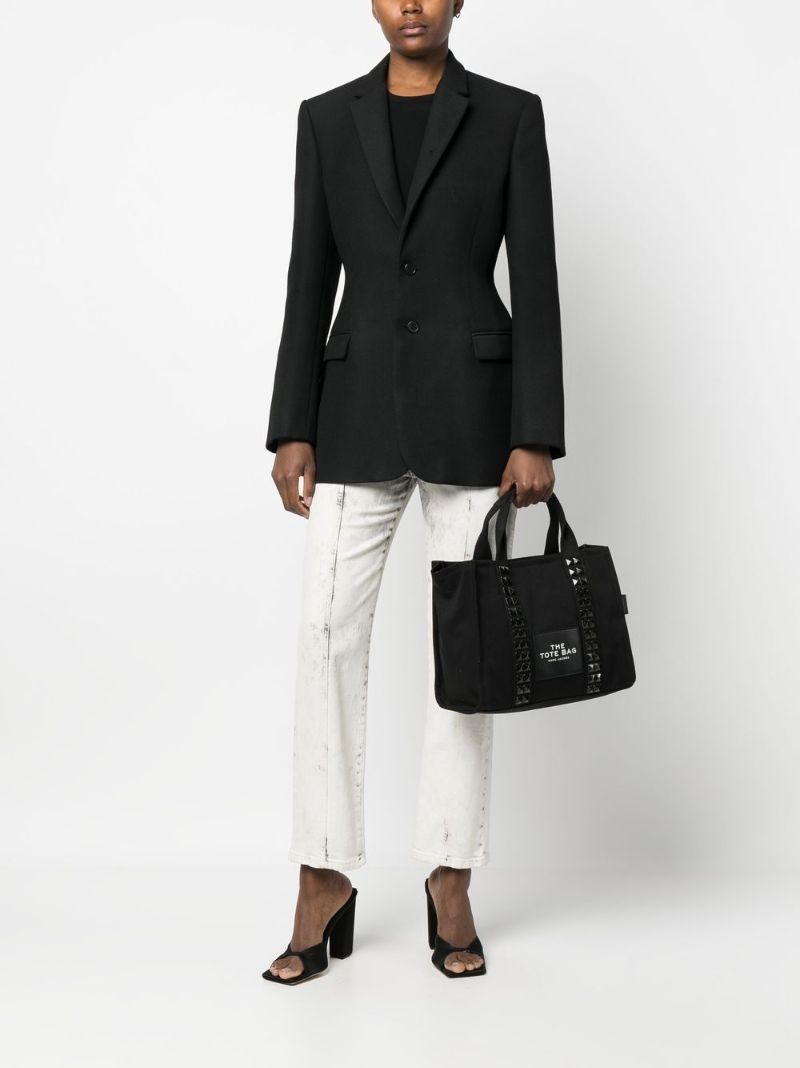 Black Studded Logo Print Canvas Tote Bag