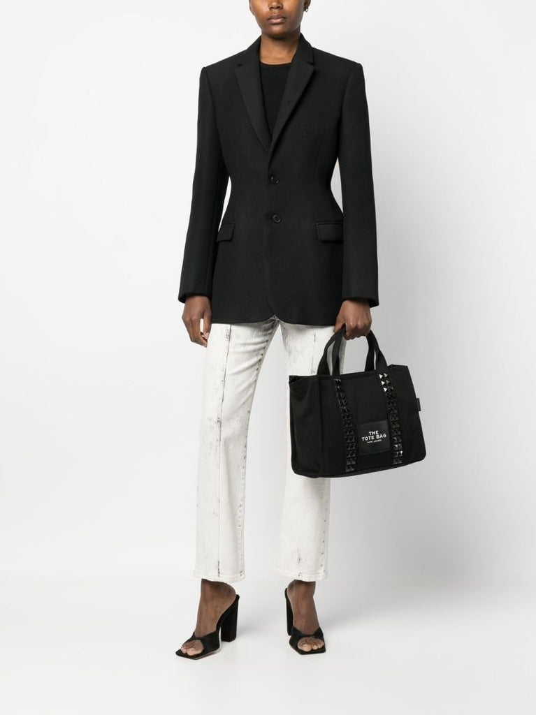 Black Studded Logo Print Canvas Tote Bag
