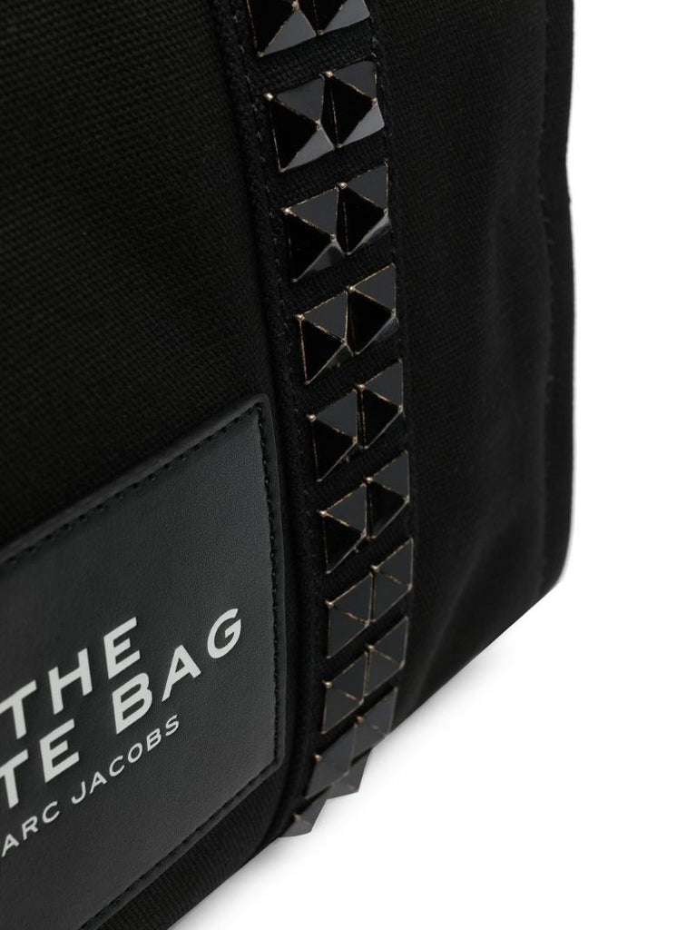 Black Studded Logo Print Canvas Tote Bag