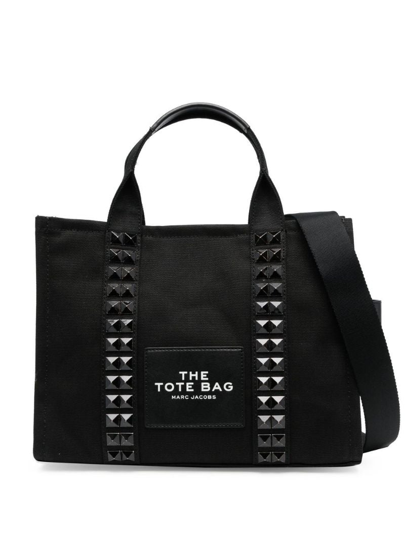 Black Studded Logo Print Canvas Tote Bag