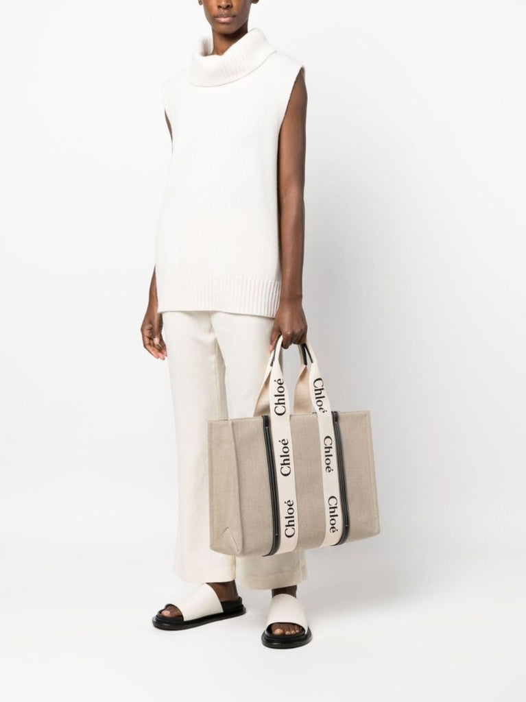 Beige Woody Linen Tote Bag