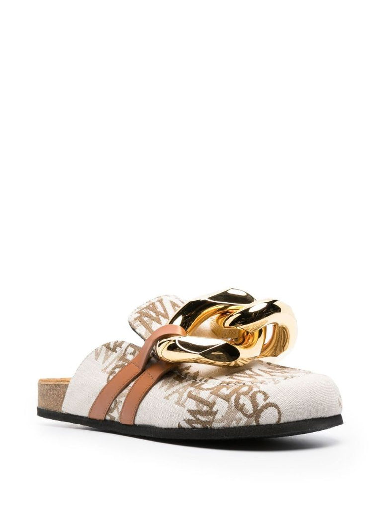 Neutral Logo Jacquard Leather Chain Mules
