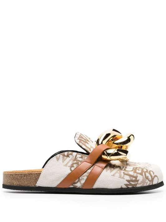 Neutral Logo Jacquard Leather Chain Mules
