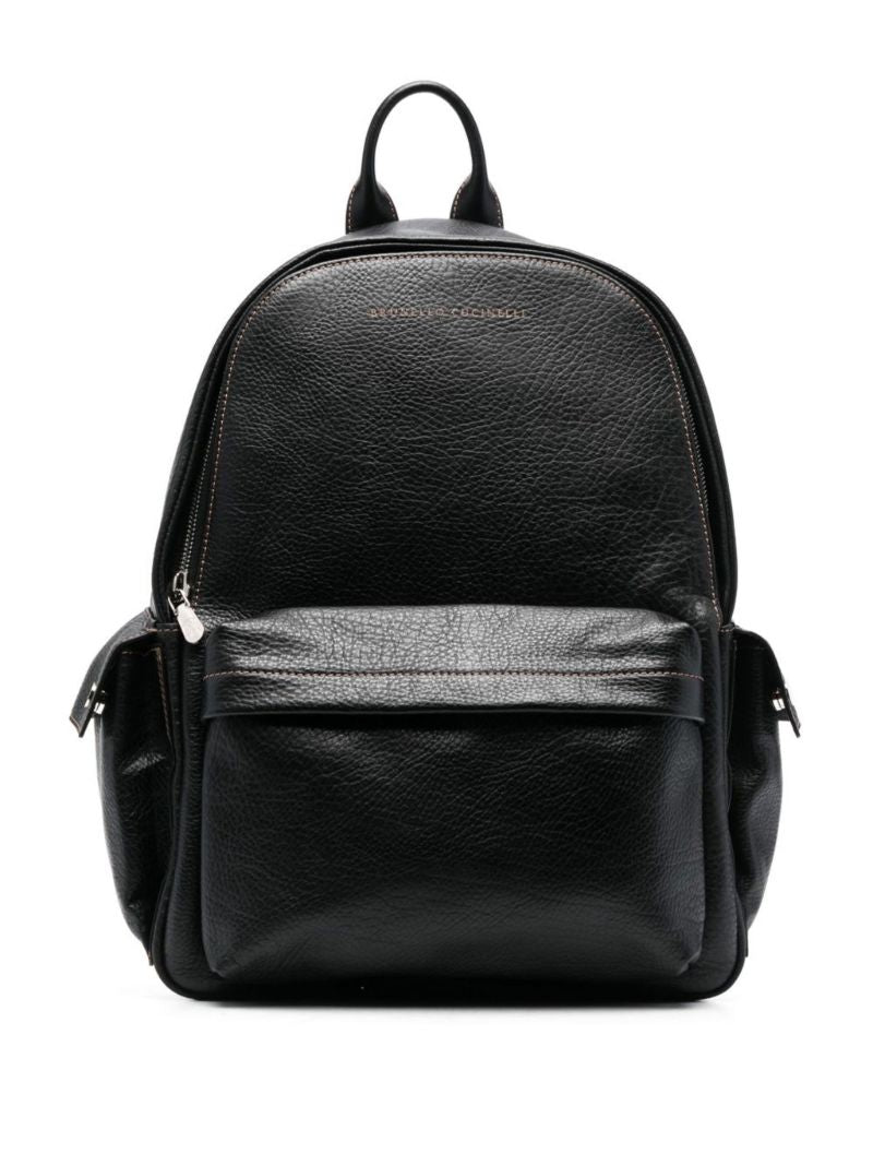 Black Logo-stamp Leather Backpack