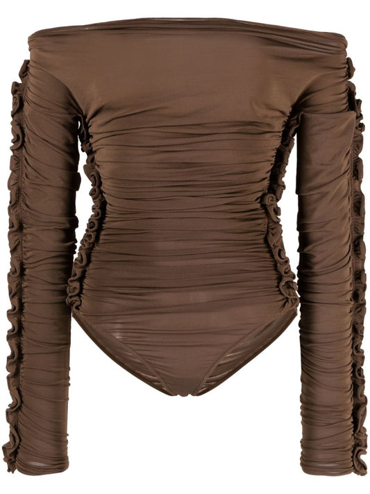 Brown Ruched Off-shoulder Bodysuit