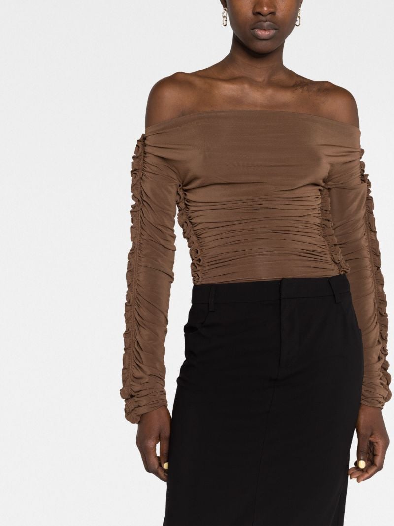 Brown Ruched Off-shoulder Bodysuit