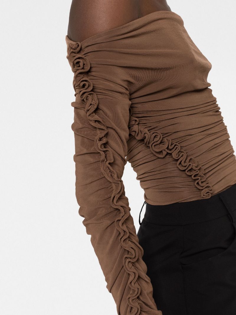 Brown Ruched Off-shoulder Bodysuit