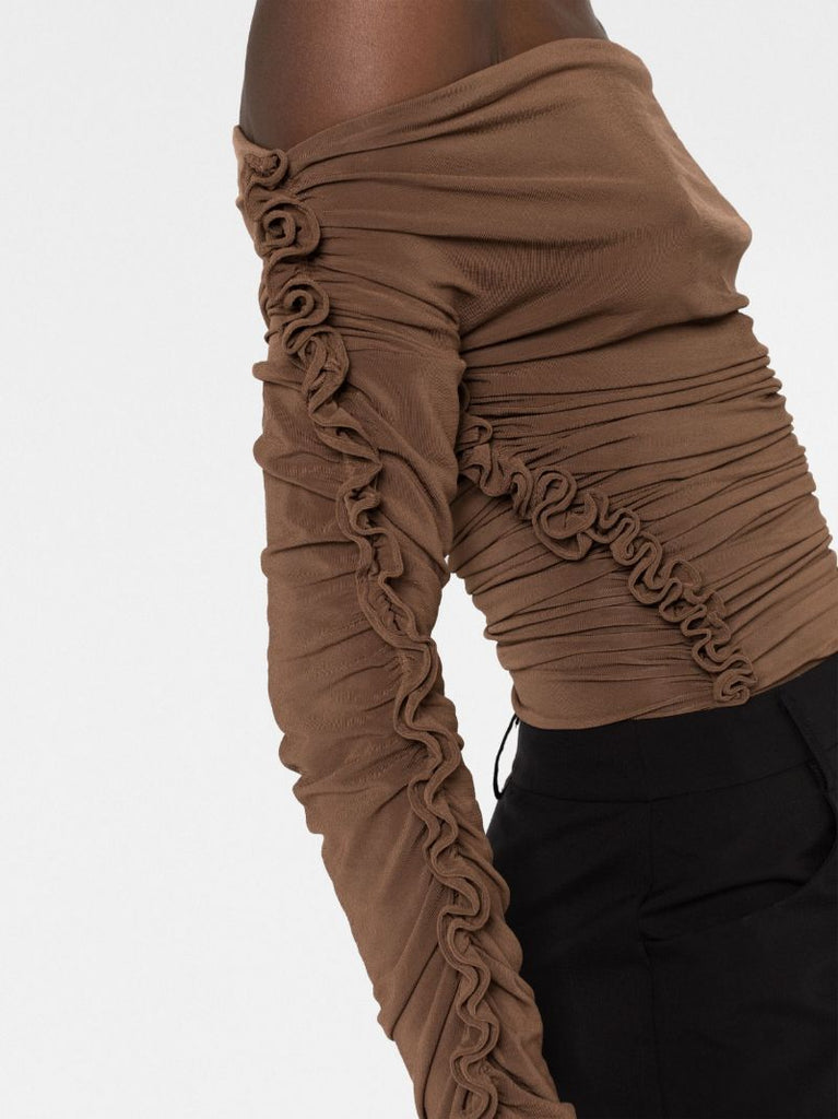 Brown Ruched Off-shoulder Bodysuit