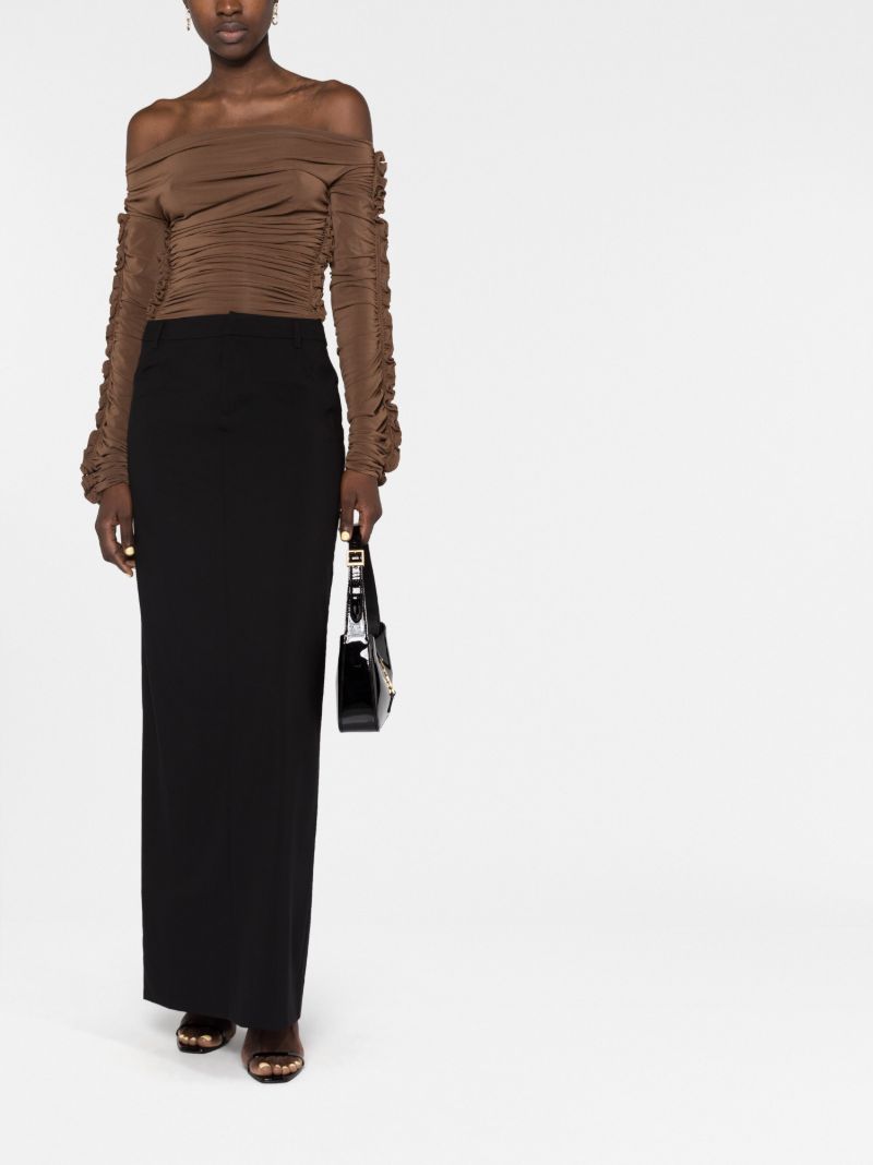 Brown Ruched Off-shoulder Bodysuit