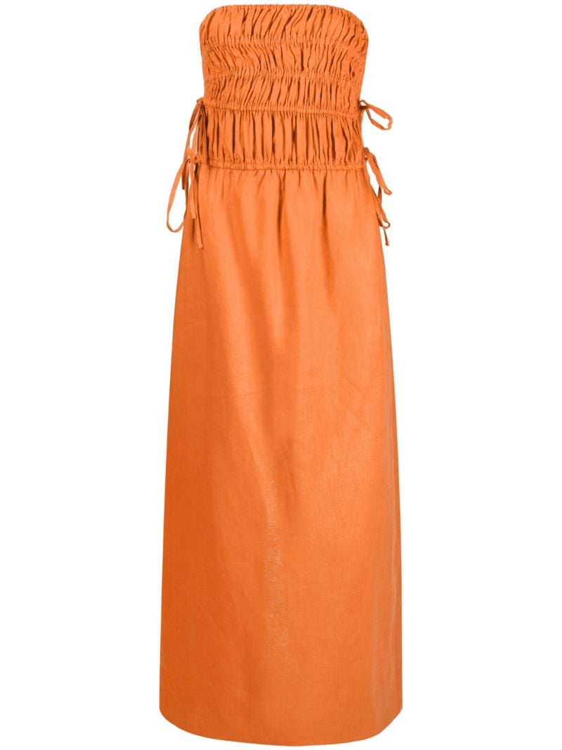 Orange Ruched Strapless Linen Dress
