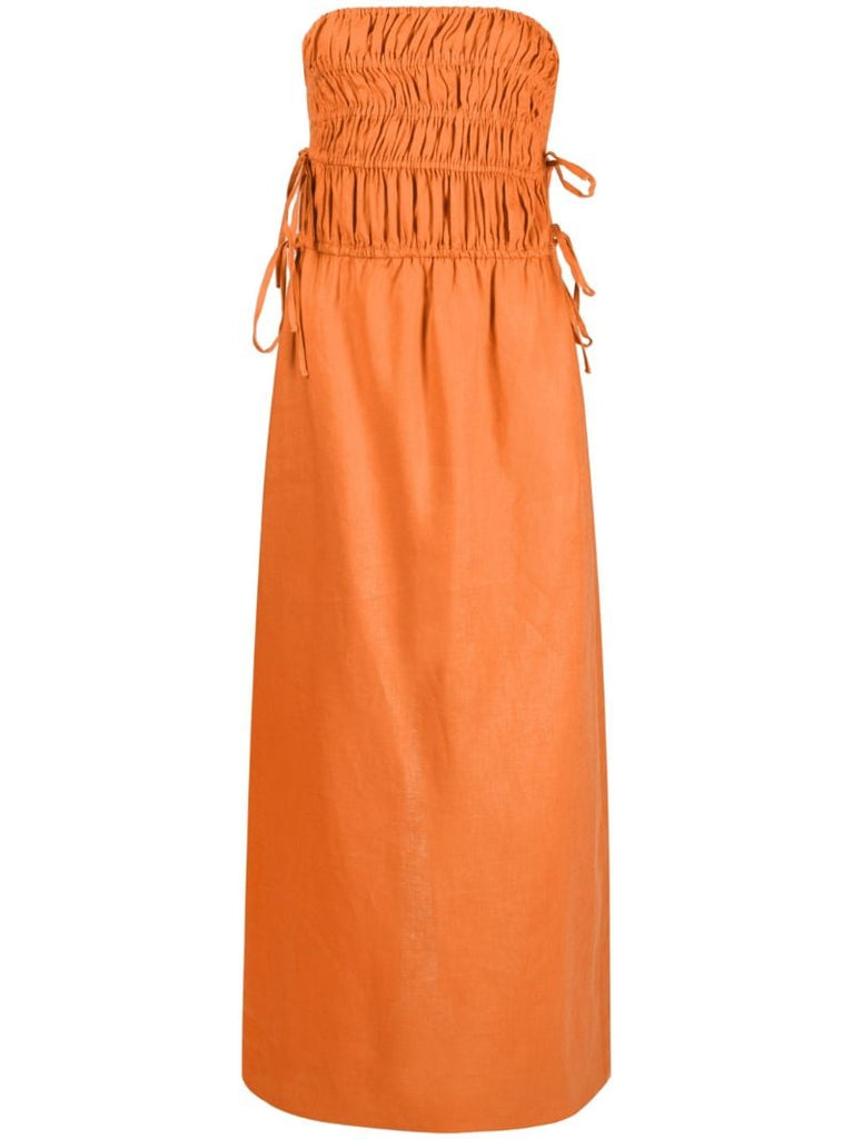 Orange Ruched Strapless Linen Dress