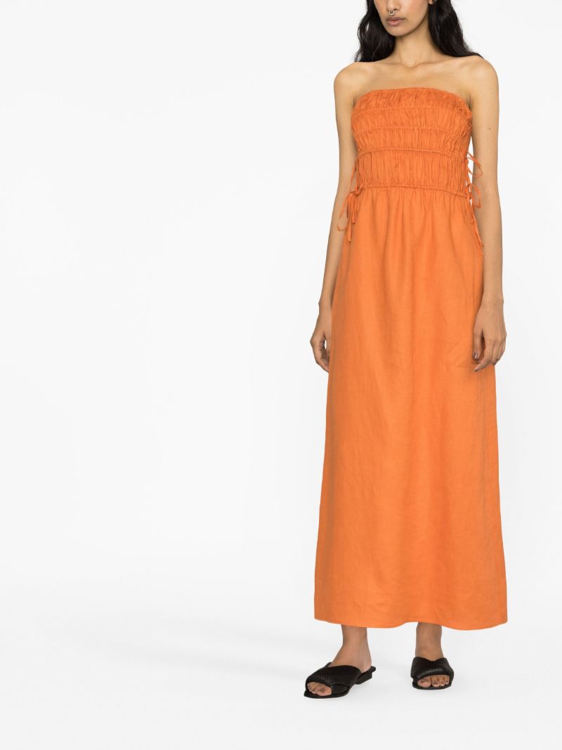 Orange Ruched Strapless Linen Dress