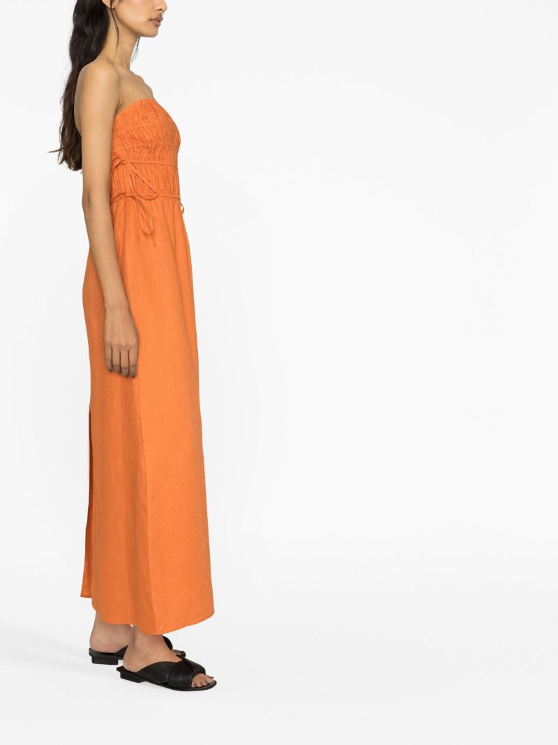 Orange Ruched Strapless Linen Dress