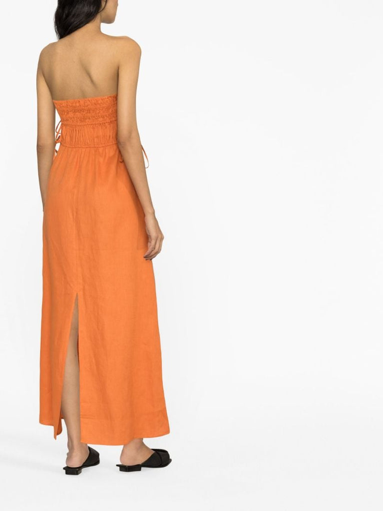 Orange Ruched Strapless Linen Dress