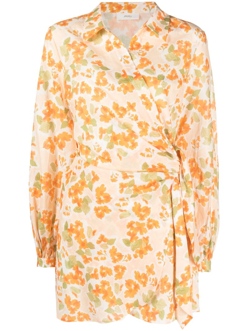Orange Floral Print Wrap Dress