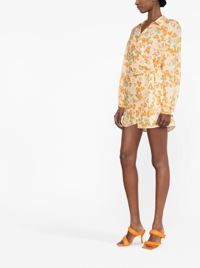Orange Floral Print Wrap Dress