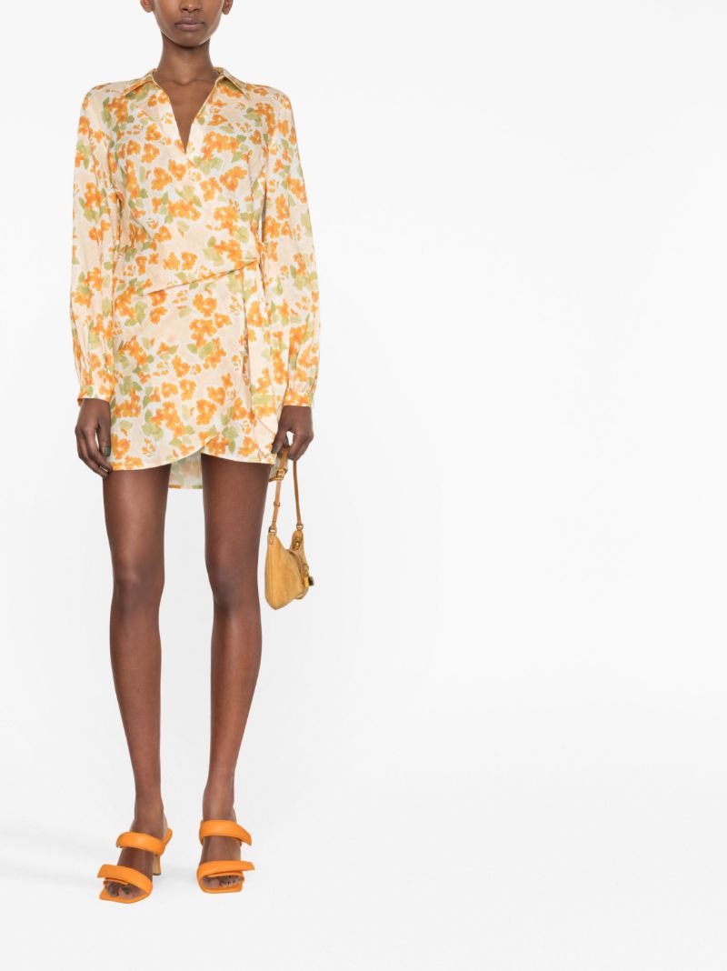 Orange Floral Print Wrap Dress
