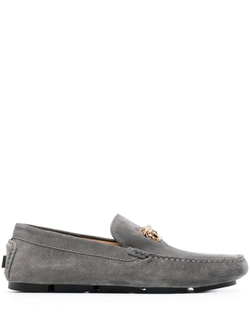 Grey Medusa Head Suede Loafers