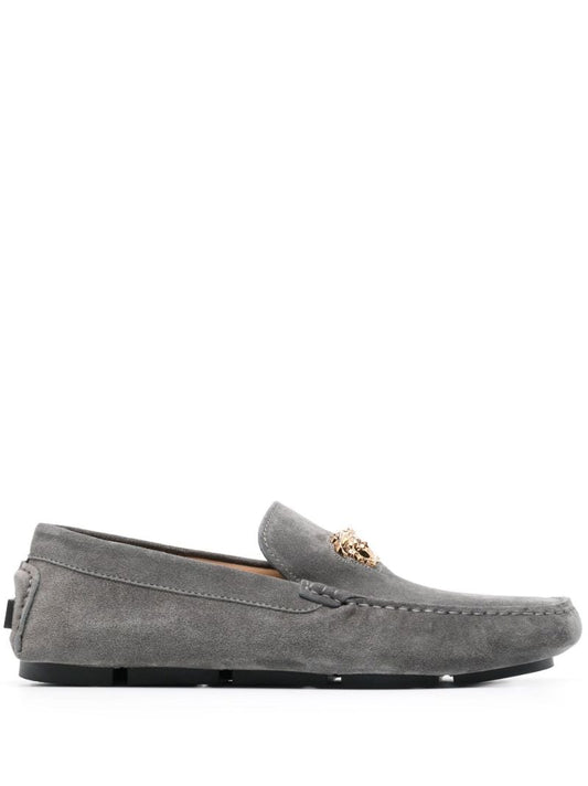 Grey Medusa Head Suede Loafers