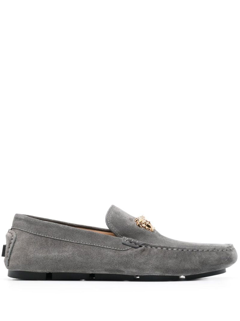 Grey Medusa Head Suede Loafers