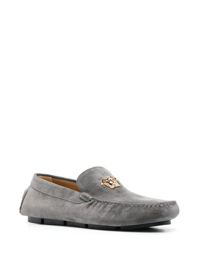 Grey Medusa Head Suede Loafers