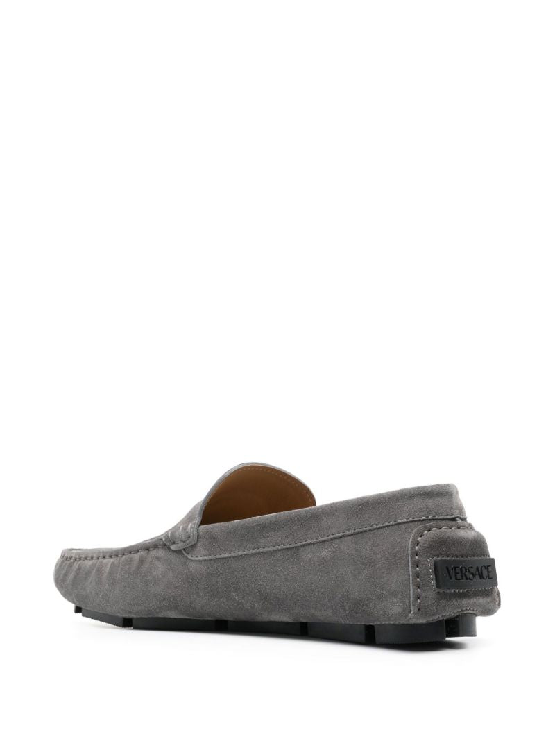 Grey Medusa Head Suede Loafers