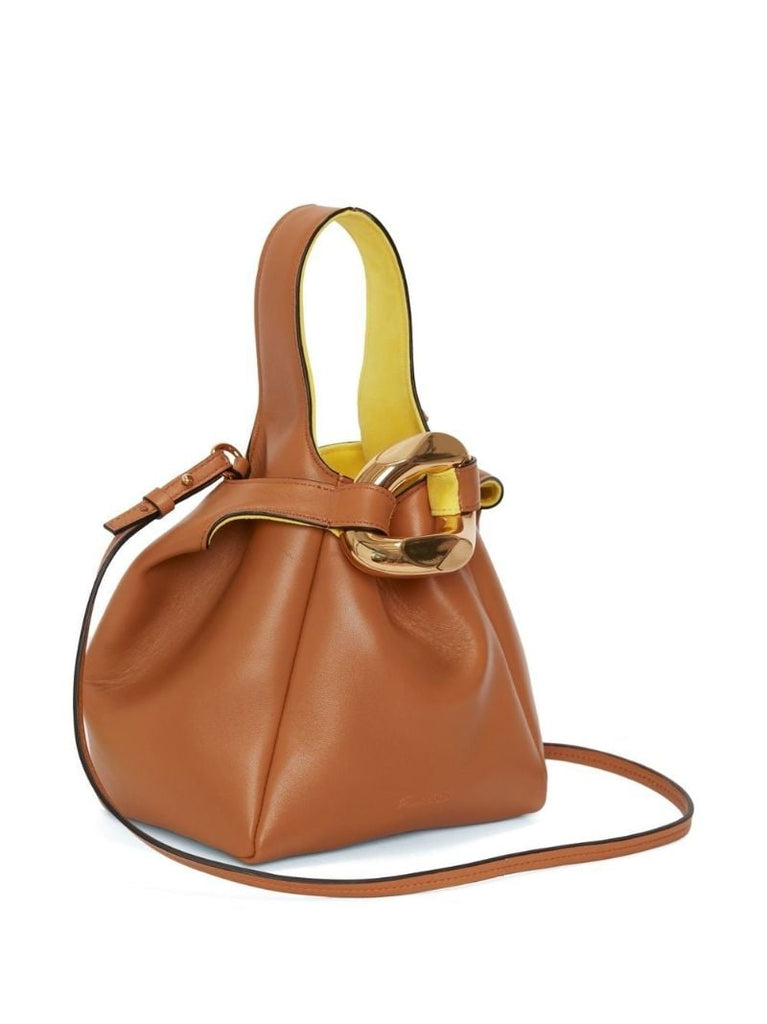 Brown Chain Link Pochette Leather Top Handle Bag