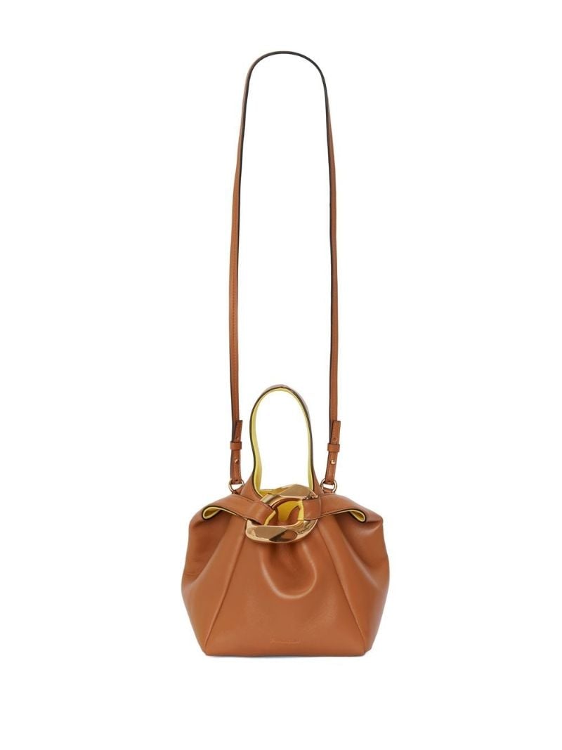 Brown Chain Link Pochette Leather Top Handle Bag