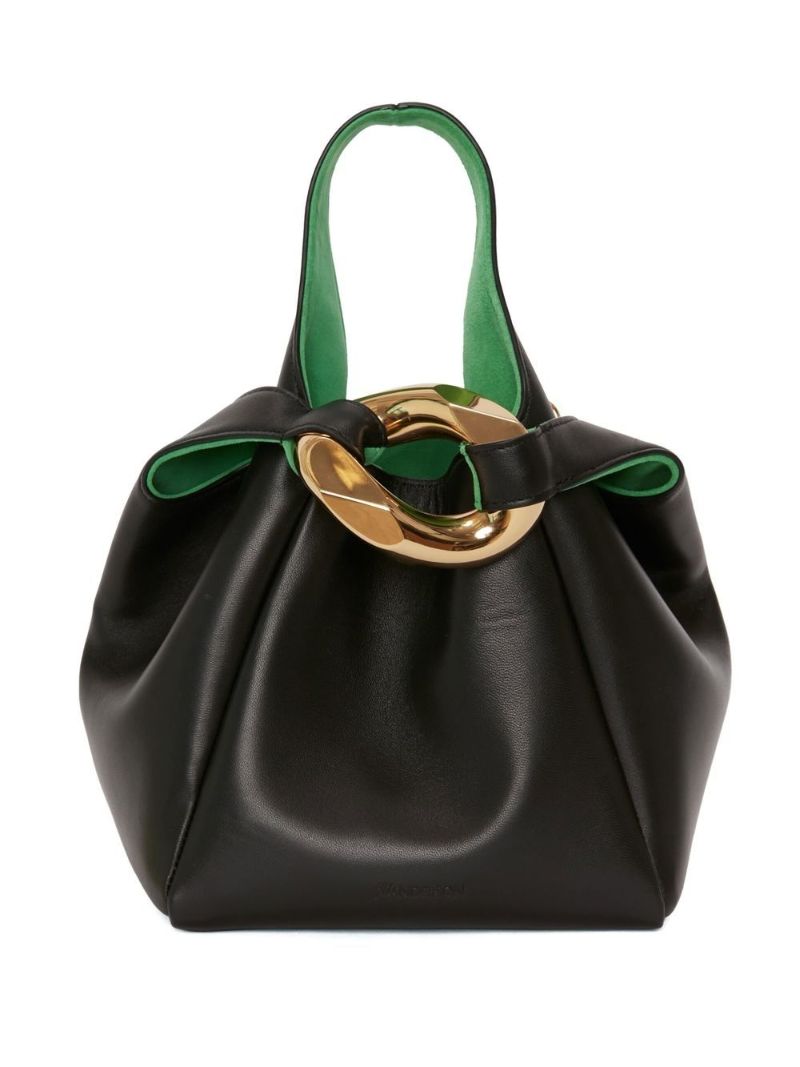 Black Chain Link Pochette Leather Top Handle Bag
