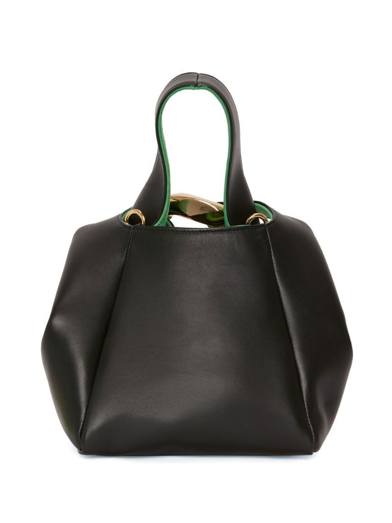 Black Chain Link Pochette Leather Top Handle Bag