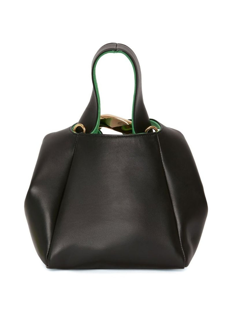 Black Chain Link Pochette Leather Top Handle Bag