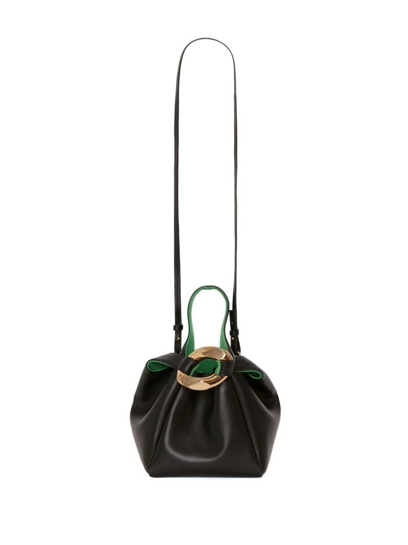 Black Chain Link Pochette Leather Top Handle Bag
