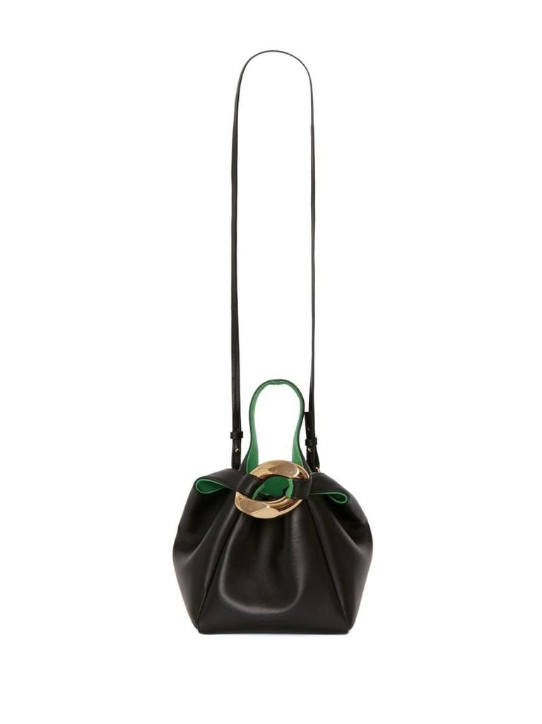 Black Chain Link Pochette Leather Top Handle Bag