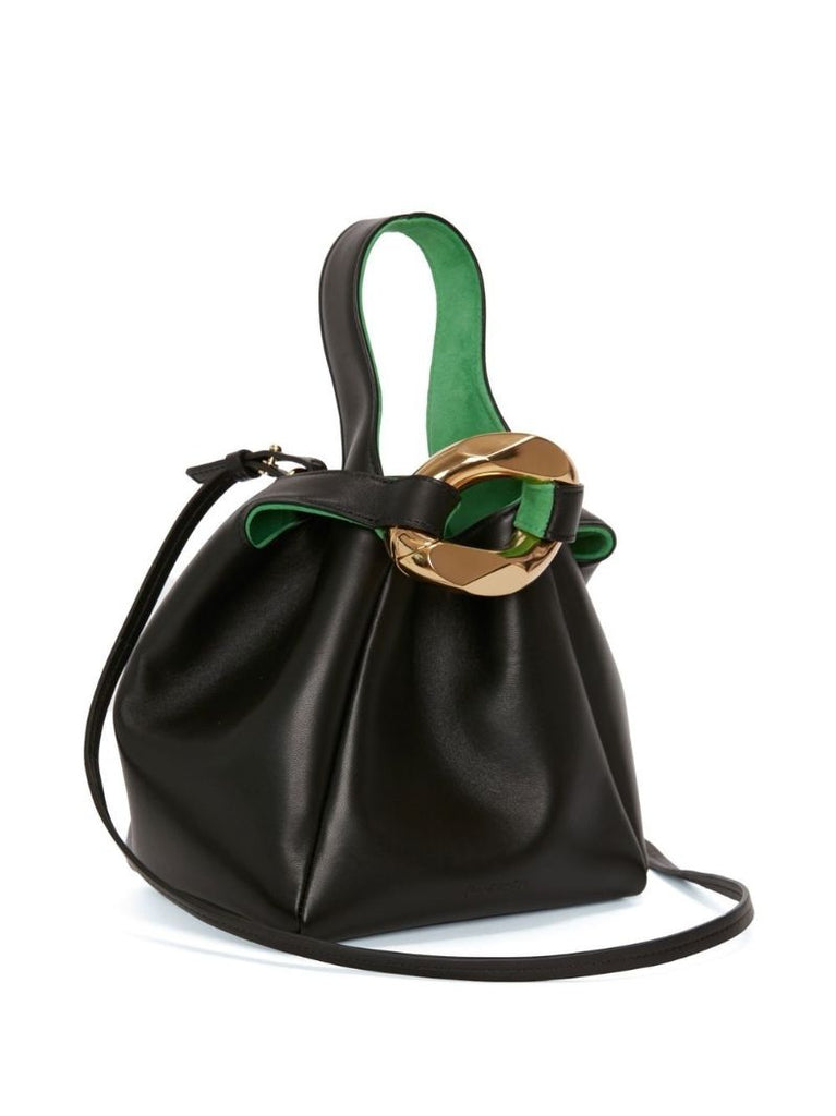 Black Chain Link Pochette Leather Top Handle Bag
