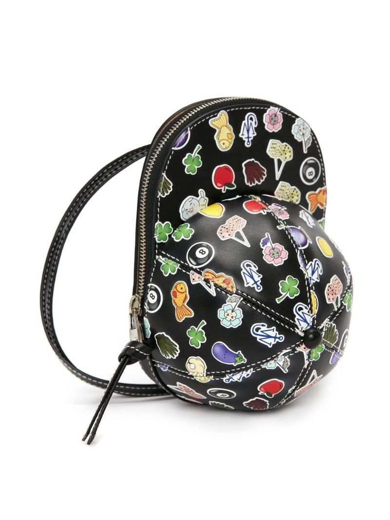 Black Sticker Print Leather Mini Cap Bag