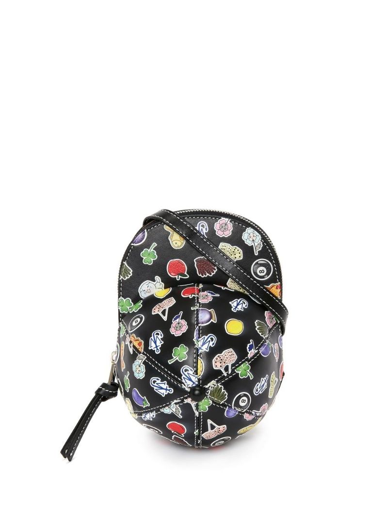 Black Sticker Print Leather Mini Cap Bag