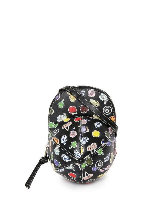 Black Sticker Print Leather Mini Cap Bag