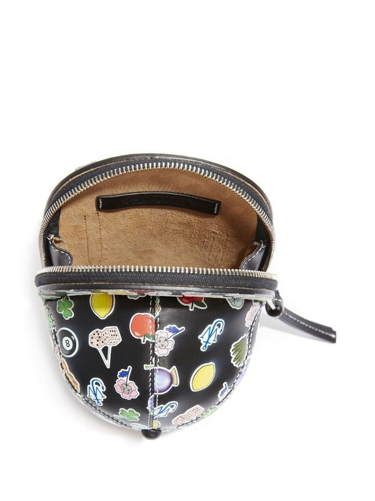 Black Sticker Print Leather Mini Cap Bag