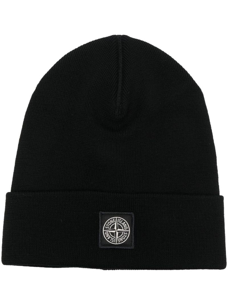 Black Logo Patch Wool Beanie Hat