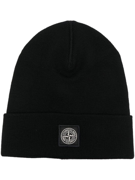 Black Logo Patch Wool Beanie Hat