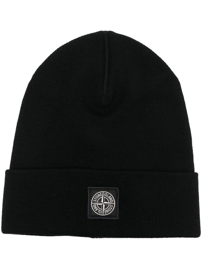 Black Logo Patch Wool Beanie Hat