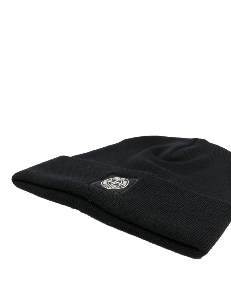 Black Logo Patch Wool Beanie Hat