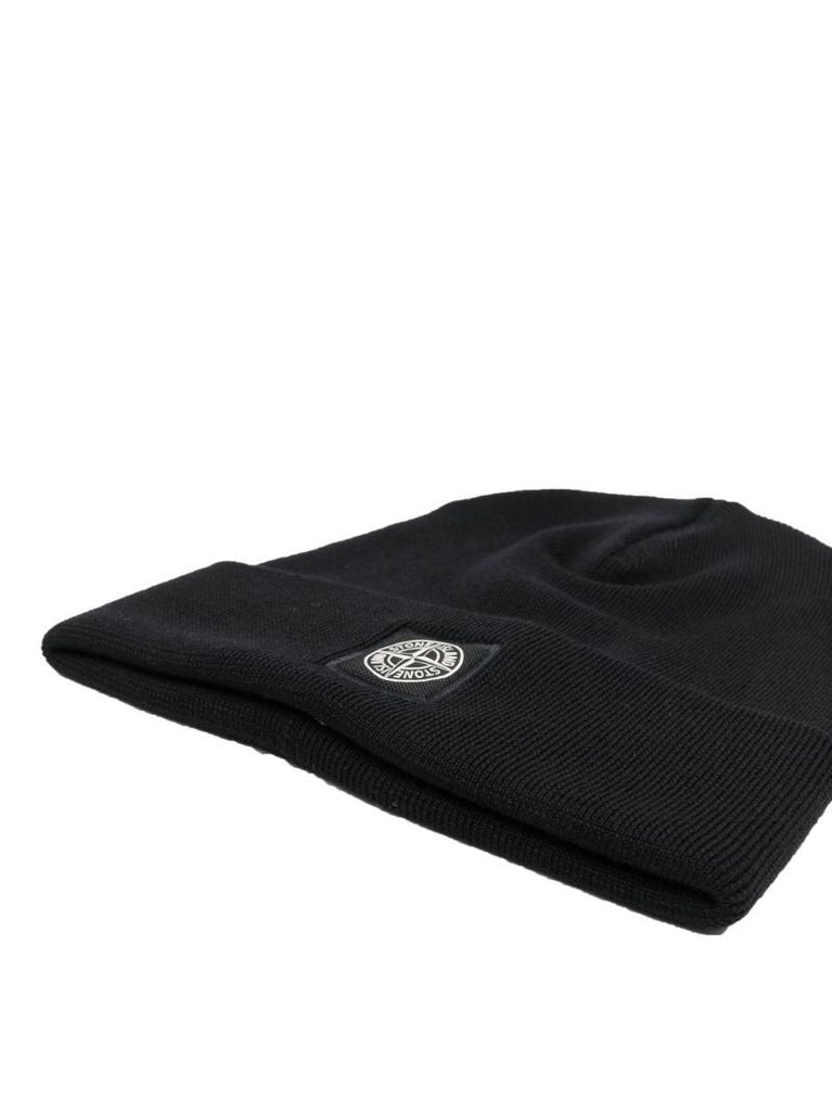 Black Logo Patch Wool Beanie Hat