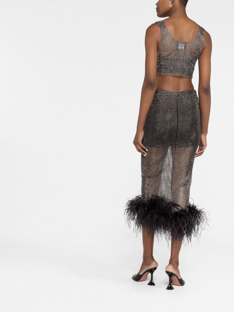 Black Crystal Feather-trim Midi Skirt